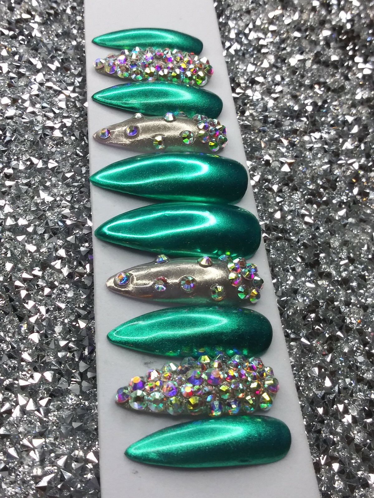 Teal & silver chrome stiletto bling nails green crystal emerald Christmas set