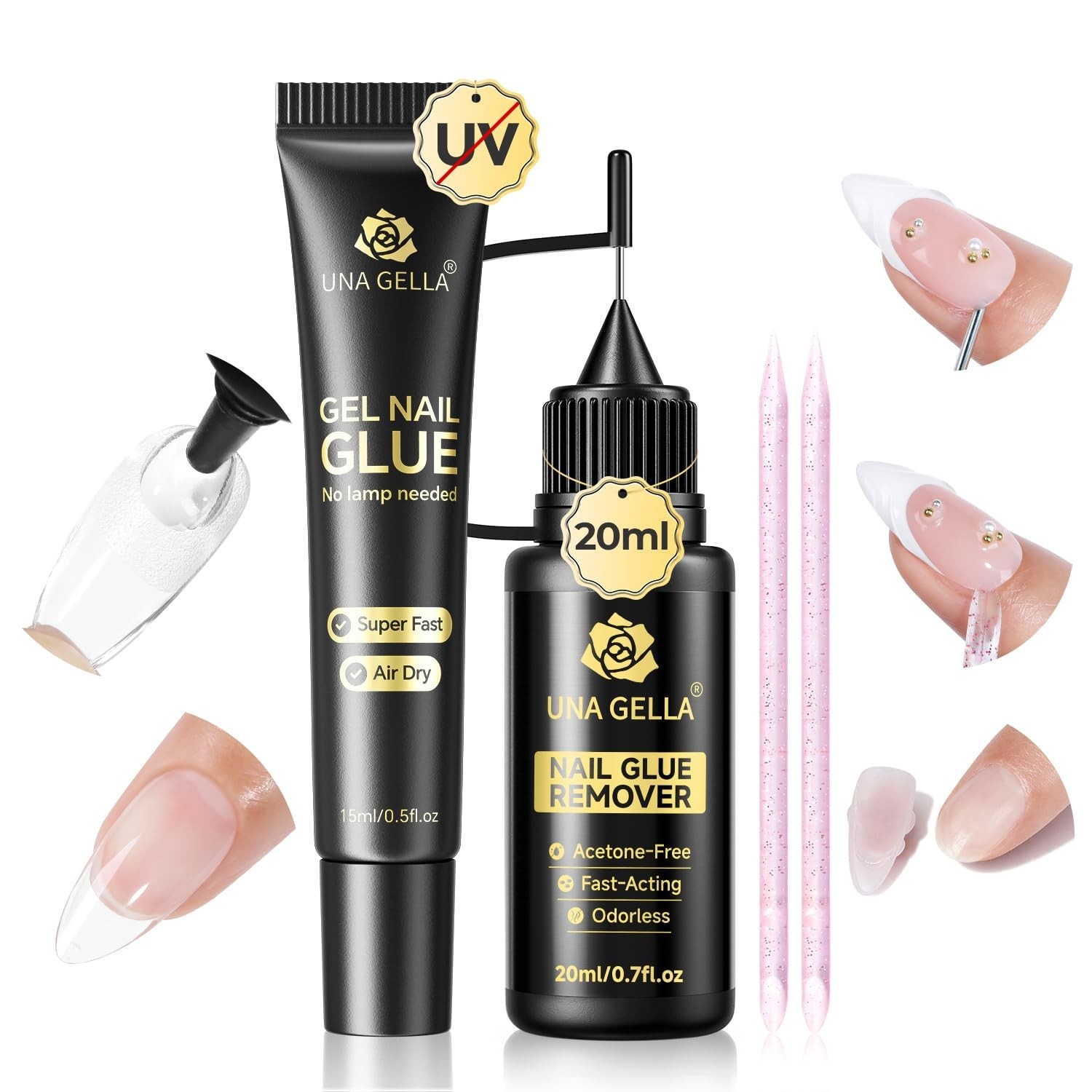 15g Nail Glue for Press On Nails + 20ml Non-Acetone Remover Kit, Quick Dry Gel