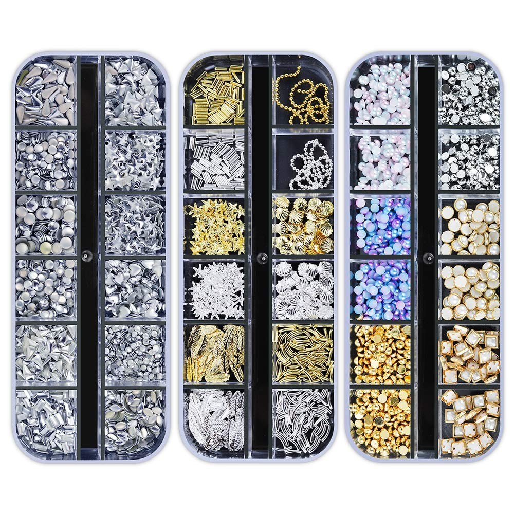 12 Boxes Nail Rhinestones Glitter Gems Crystals Sequins Kit with Tweezers & Pens