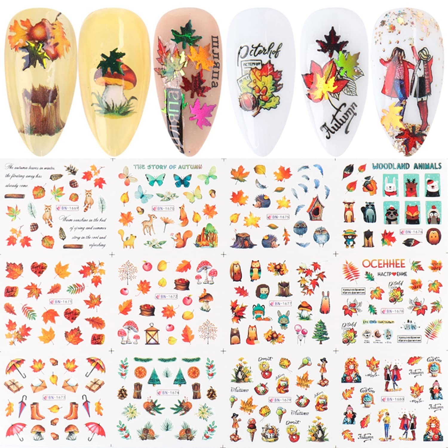 24 Sheets Fall Nail Art Decals, Holographic Autumn Leaf Water Transfer Decal …