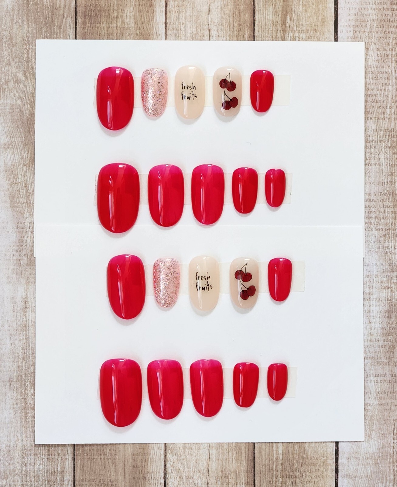 Custom Press On Handmade Gel Nails Red Cherry Accent Oval Short 20 Tips