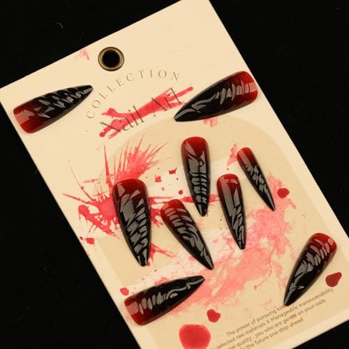Press on Nails – Long Stiletto Glue on Nails with Goth Red 06102Red&Black