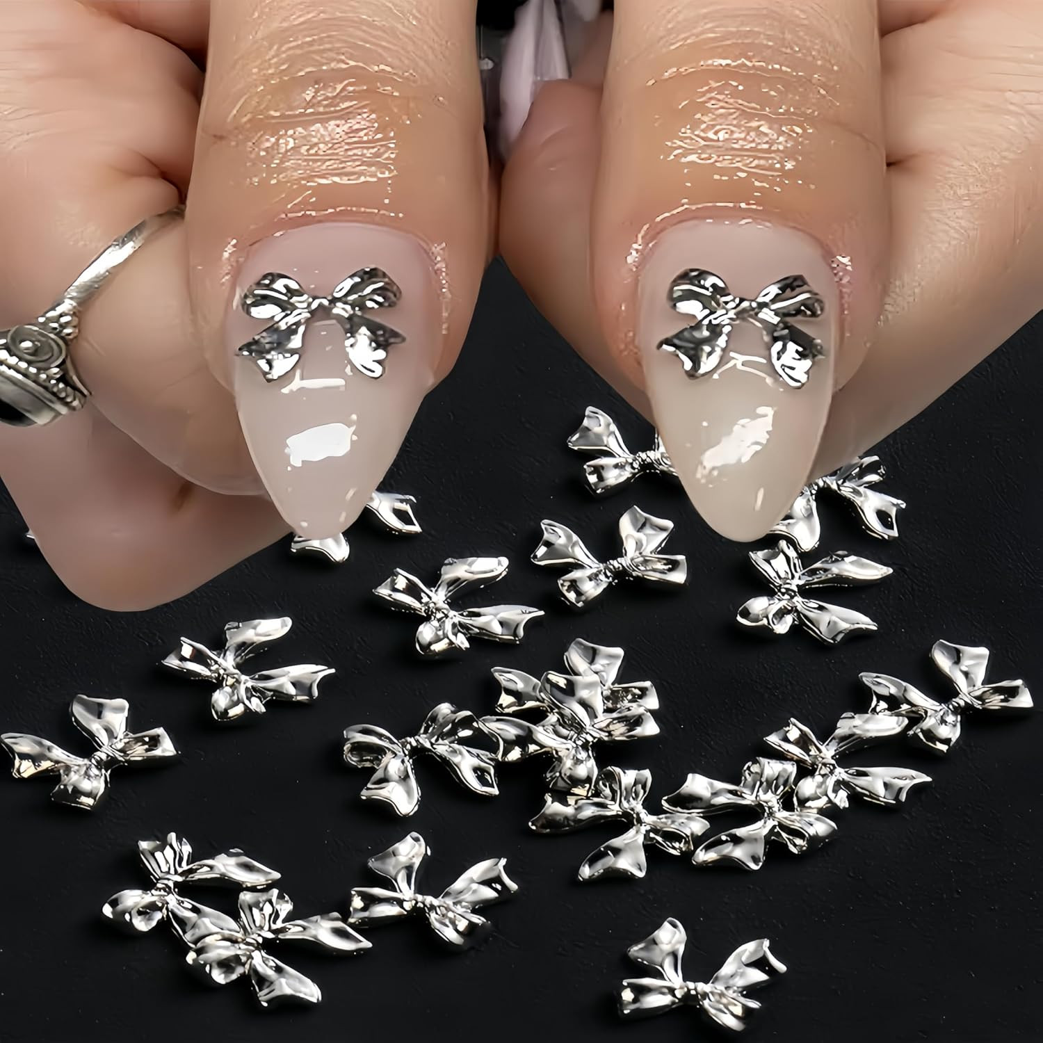 70PCS 3D Silver Bowknot Rhinestones Nail Art Charms Metal Bowknot Nail Rhineston