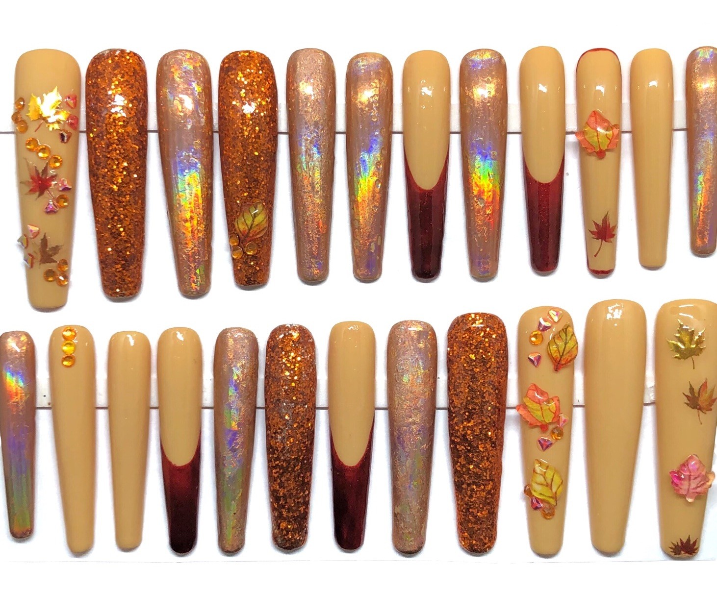 Handmade Custom Press On Nails 2XLong Coffin Fall Leaves Holograms Glitter Bling