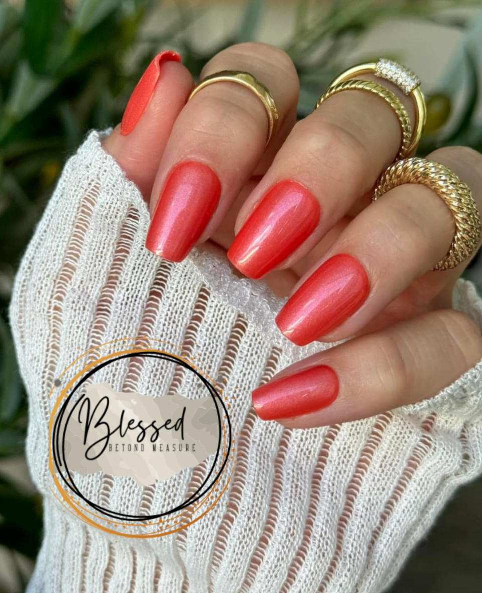 Red Aspen Press On Nails- Groovy Girl, Andrea Medium Coffin Glazed Coral Orange