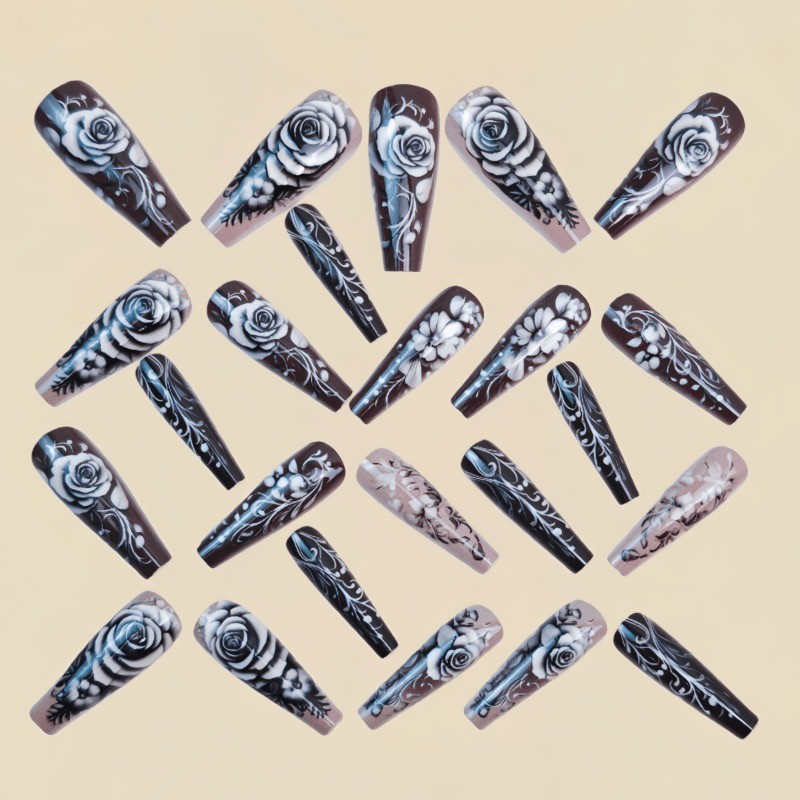 48 Pieces of Black Gray Embossed Floral Fake Nails – Removable Fake Nail Art