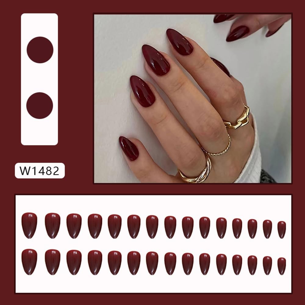 Wine Red Press on Nails Short Almond Shaped, Short Almond Fake almond wine red
