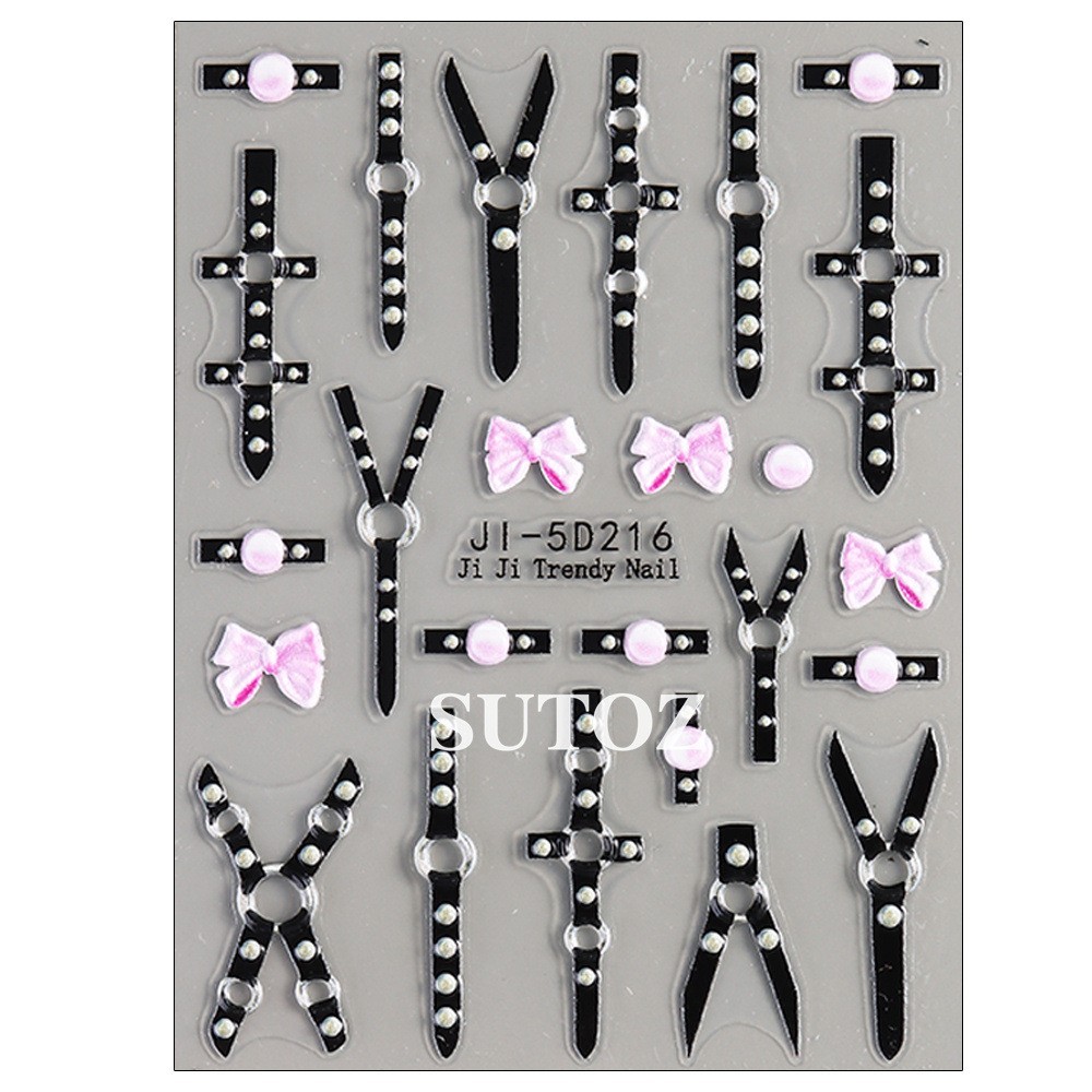 Nail Art Stickers Black Relief Belt Bondage Gothic Stiletto French Decals NH27