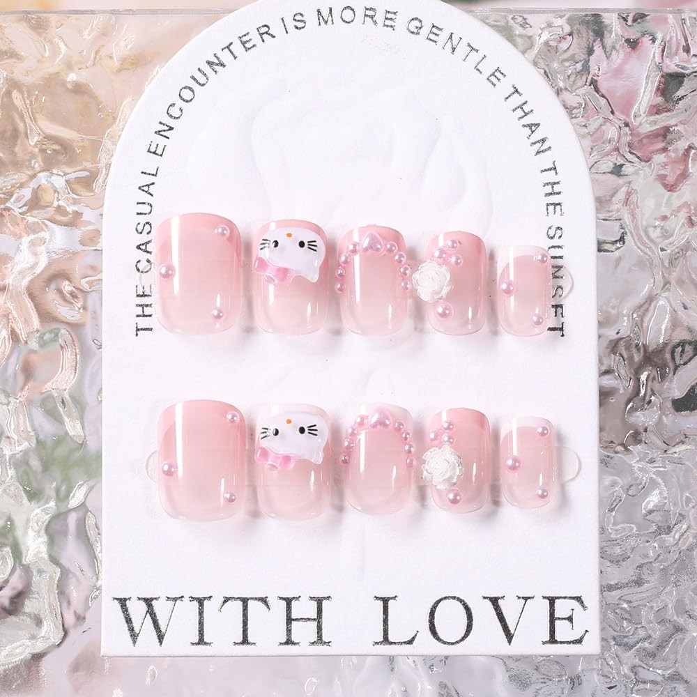 Pink French Tip Press on Nails Short Square Cute Fake Nails with Cat Flowers …