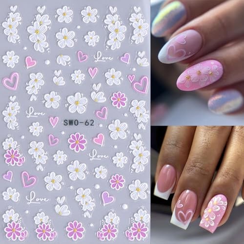 4 Sheets Pink White Flower Nail Art Stickers 3D Embossed Flowers Flowers 05