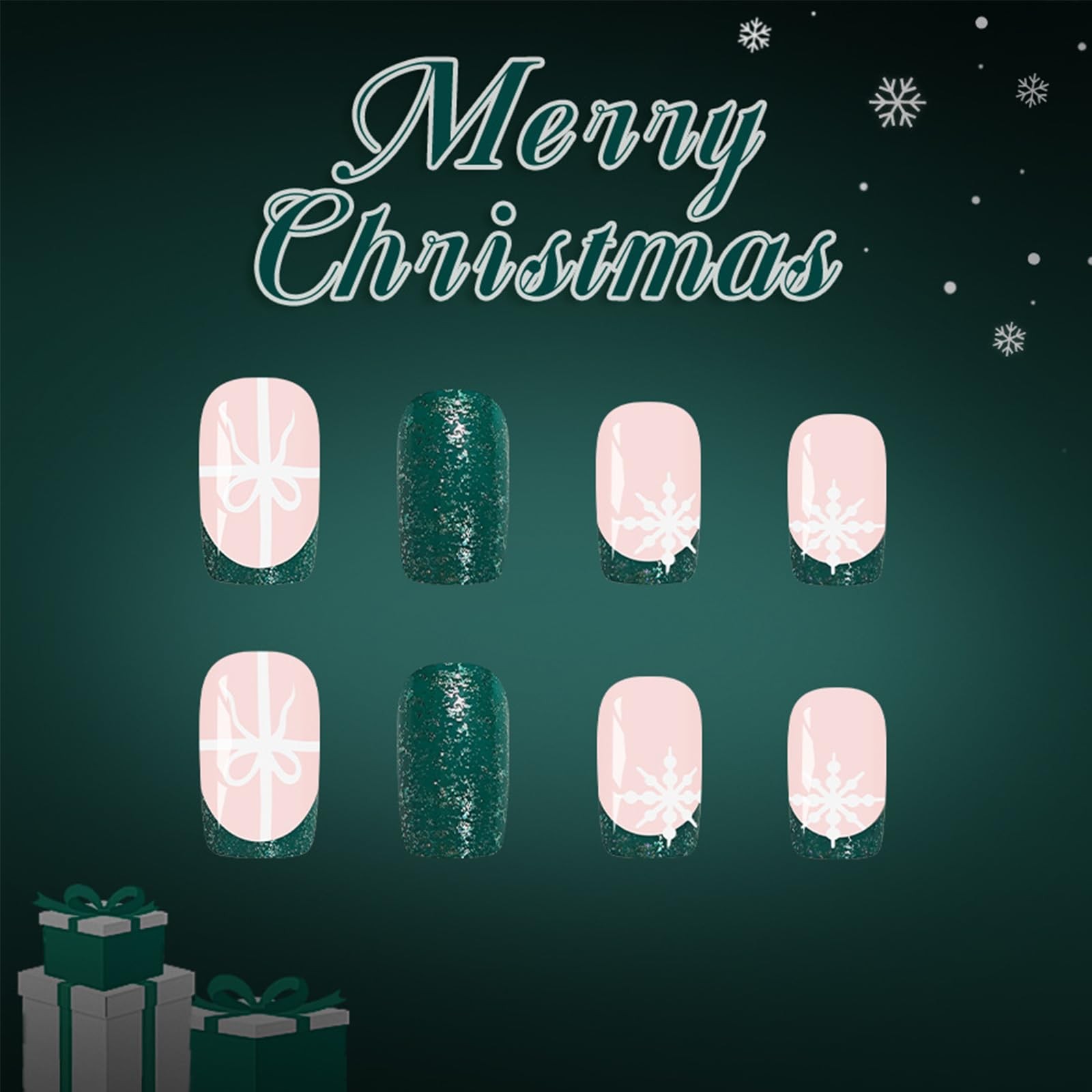 Christmas Press on Nails Medium Square Fake 24 Fl Oz (Pack of 1), Green White