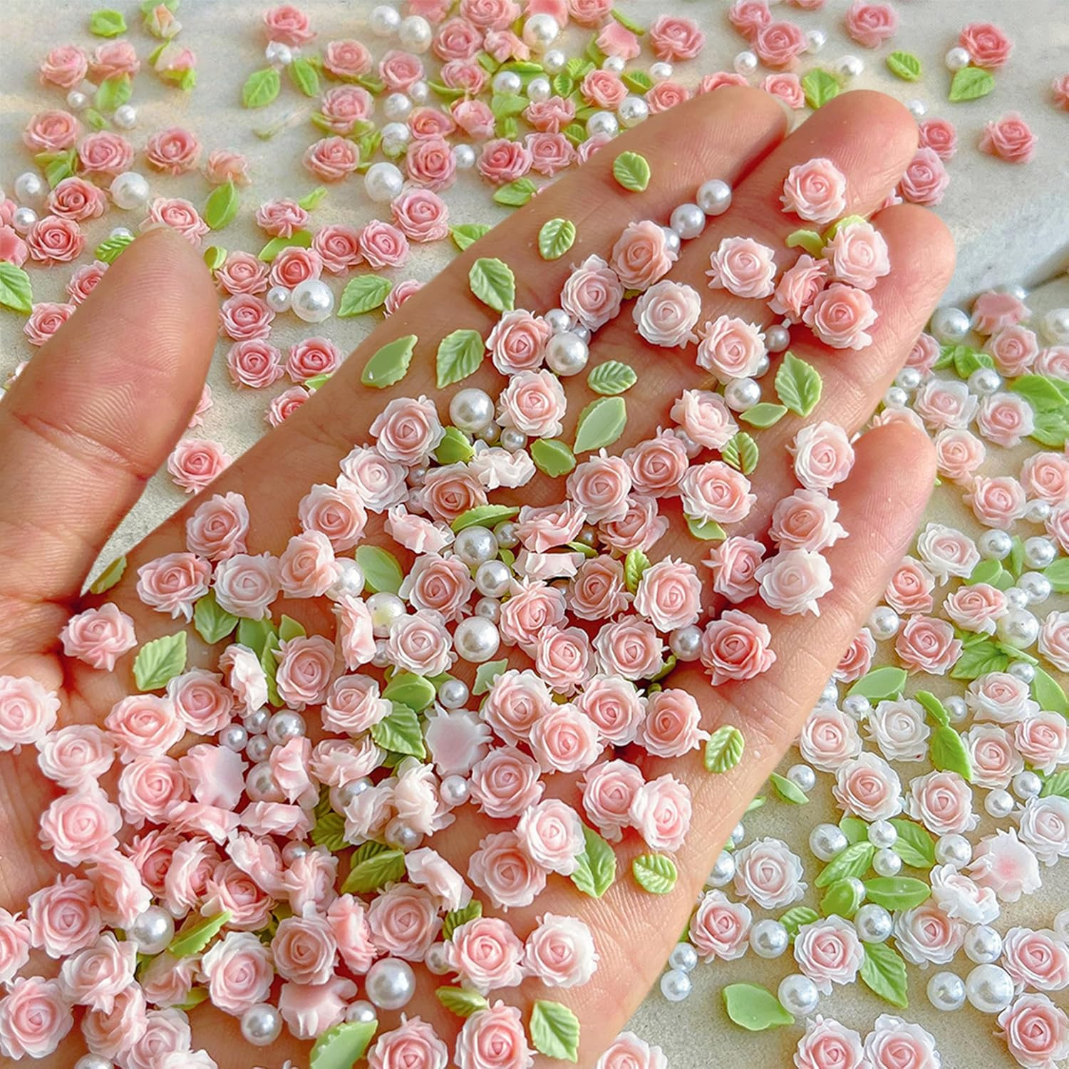 300Pcs 3D Pink Flower Nail Art Charms 3D Roses Flower Nails Rhinestones for Nail