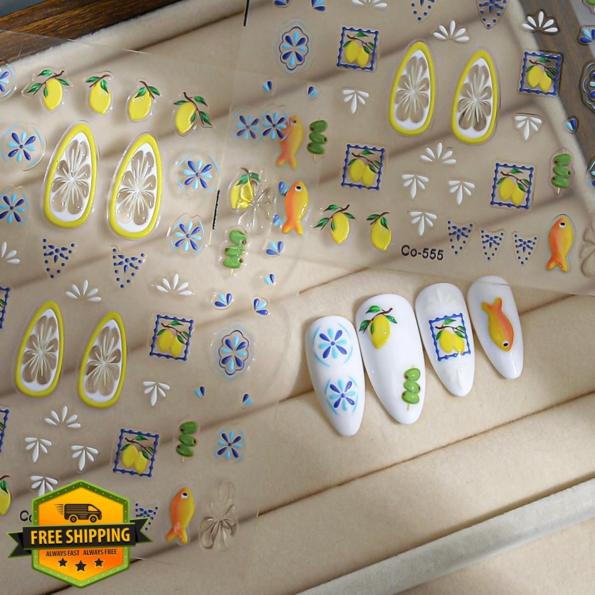 ZOAZJINAZ summer fruit nail stickers lemon fish blue yellow