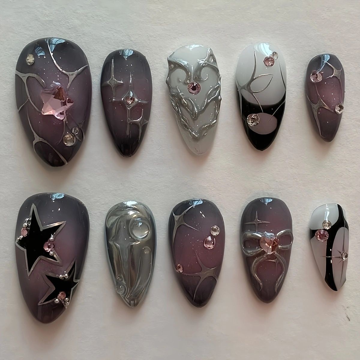 10pcs Handmade Star Bow Rhinestone Short Almond Press On Nails