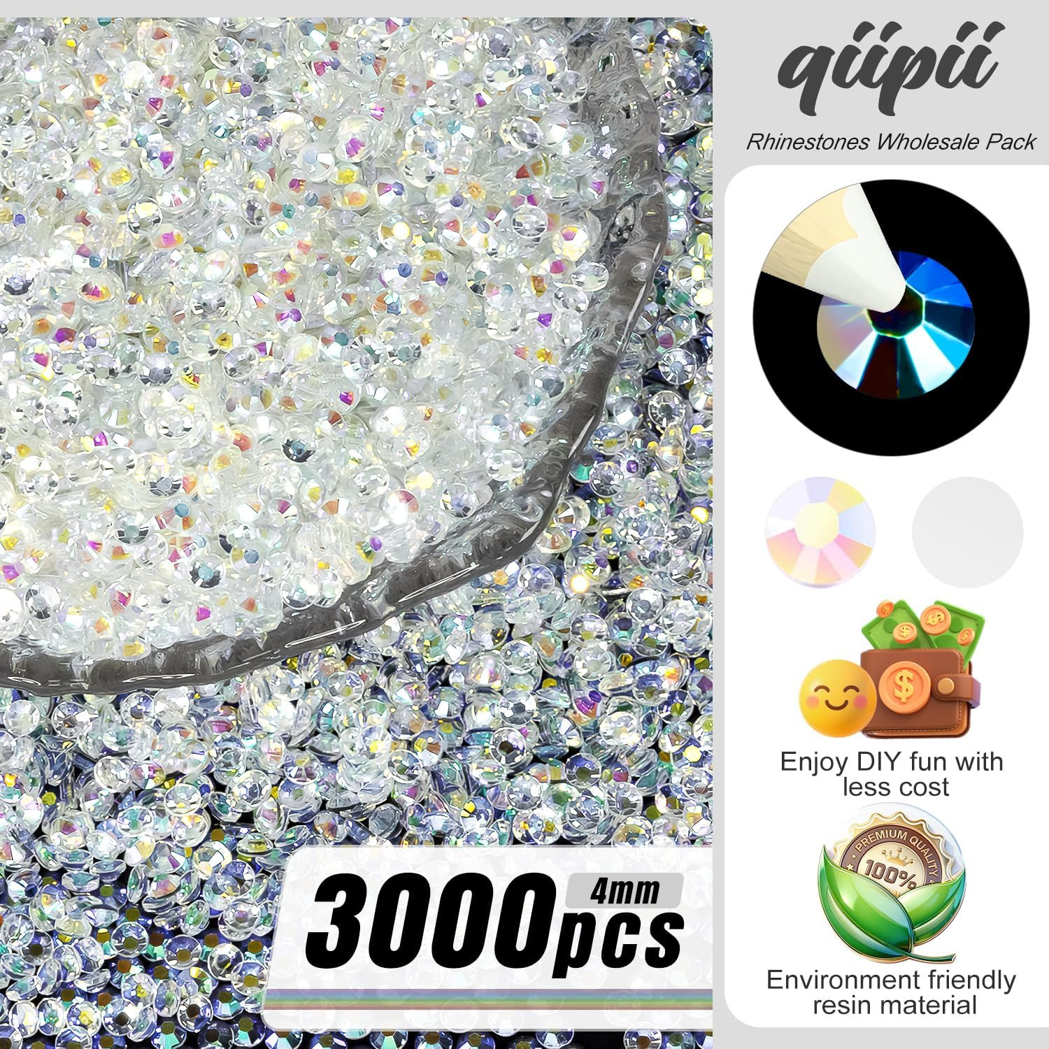 3000PCS 4Mm Transparent White Ab Resin Rhinestones for Crafting Flatback