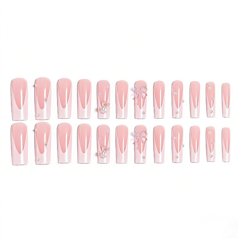 48pcs-Kawaii Long Coffin Nails with Nude Pink Base, White Tips and Bear Charms