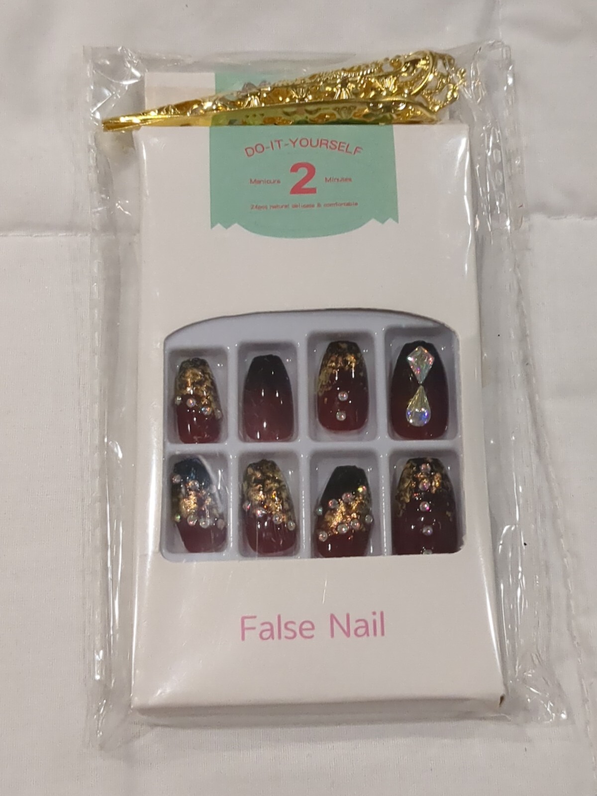 24pcs Almond Red Jewled False Nail For Women Press On Nails False Nails Glue On