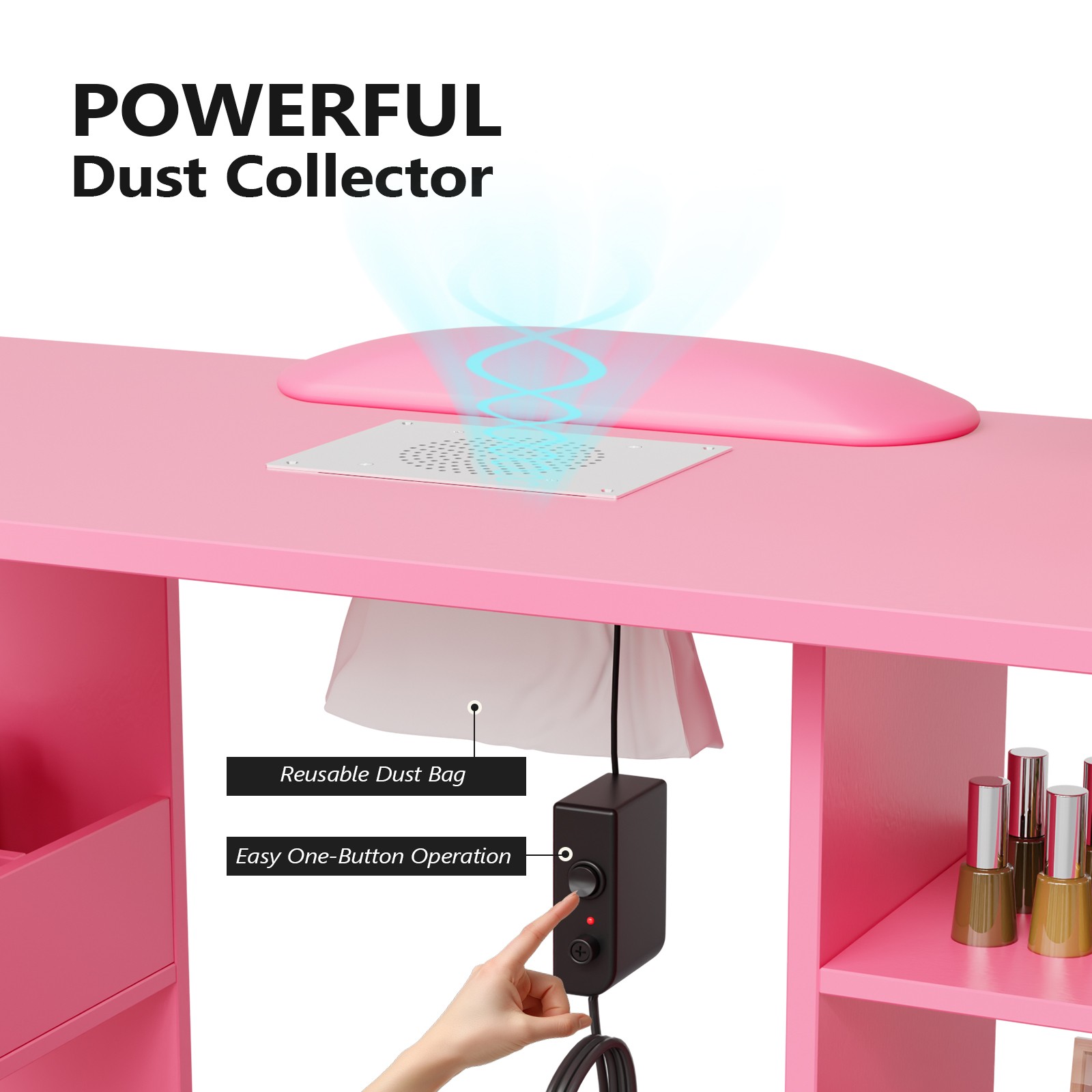 L Shaped Manicure Table with Wrist Rest & 180° Swivel Desktop and Dust Collector