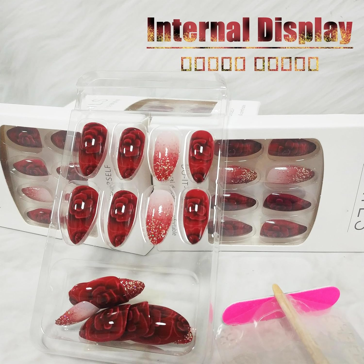 24Pcs Red Gradient Short Almond Press on Nails with Rose Flower Design, Glossy G