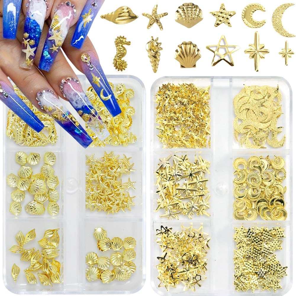 Nail Charms, 2Boxes Gold Silver Summer Ocean Nail Charms and Gems, Metal Small S
