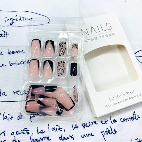 French Tip Press on Nails Leopard Medium Square False Leopard Black French Tip