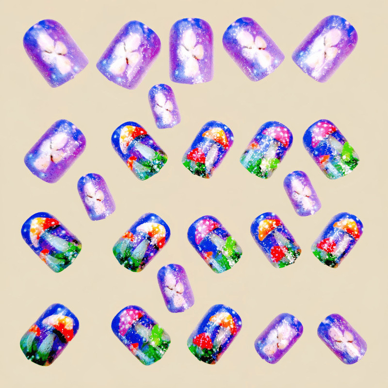 48 Pcs Color Mushroom Purple Glitter Coffin Press on Nails, Cute Nude Fake Nails