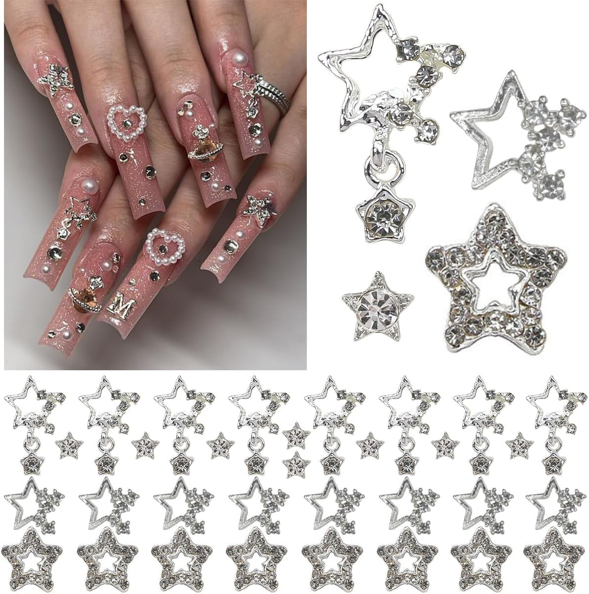 Planet Nail Charms, 54 Pcs 3D Nail Rhinestones Shiny Silver Saturn Shape, Nail A