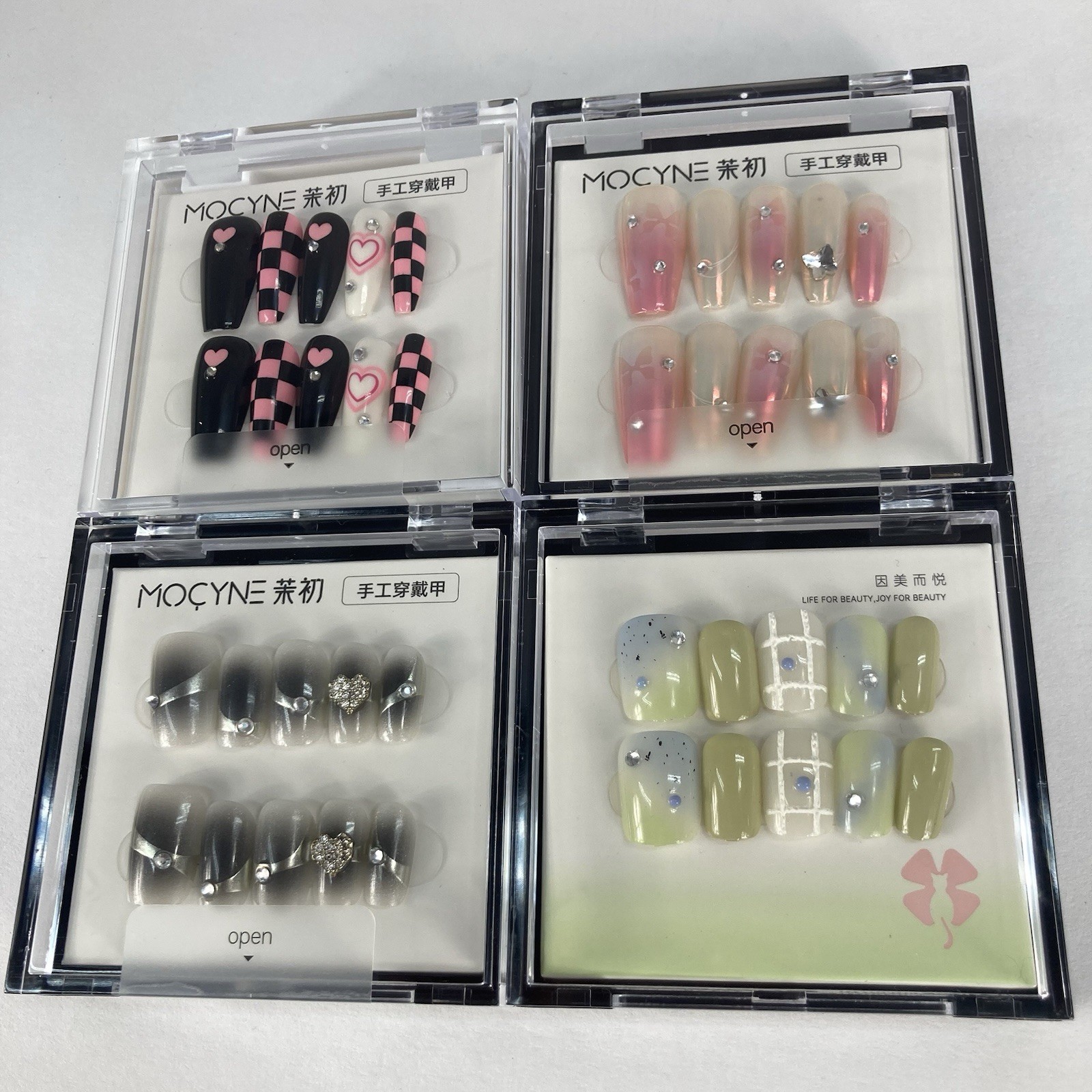 Lot of 4 Press On Nail Sets MOCYNE Heart French Ombre Neutral Glam Nails Green