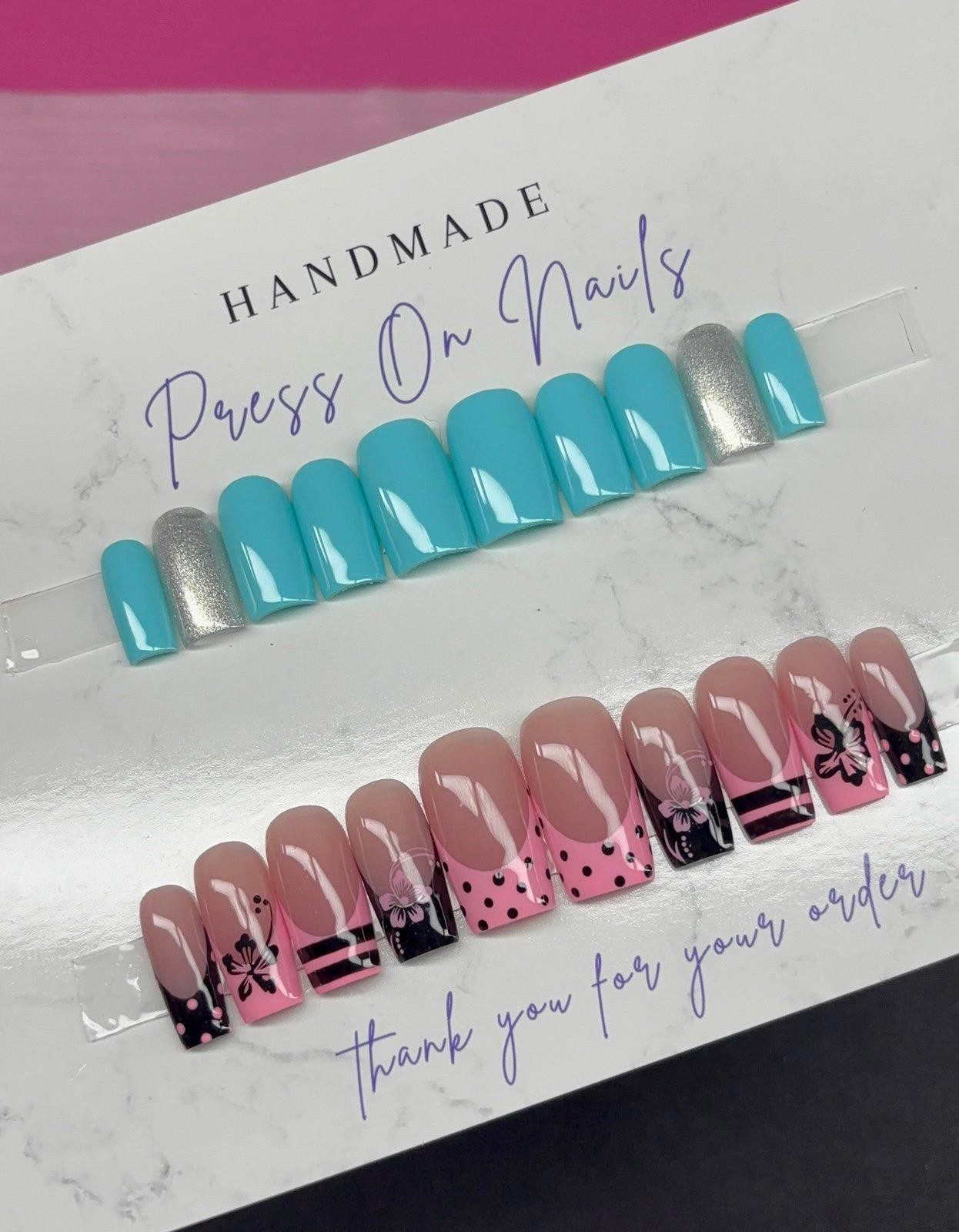Short square and medium square press on nails spring pink black teal silver