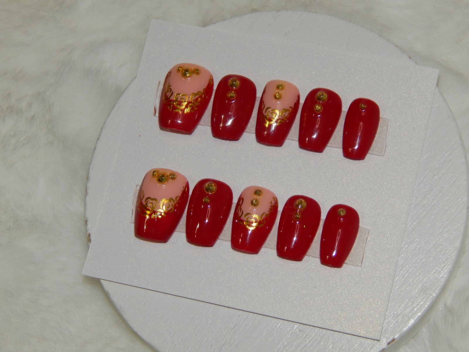 Luxury Handmade Press-On Nails I Reusable I Gold Roses & A Hint I Coffin l Short