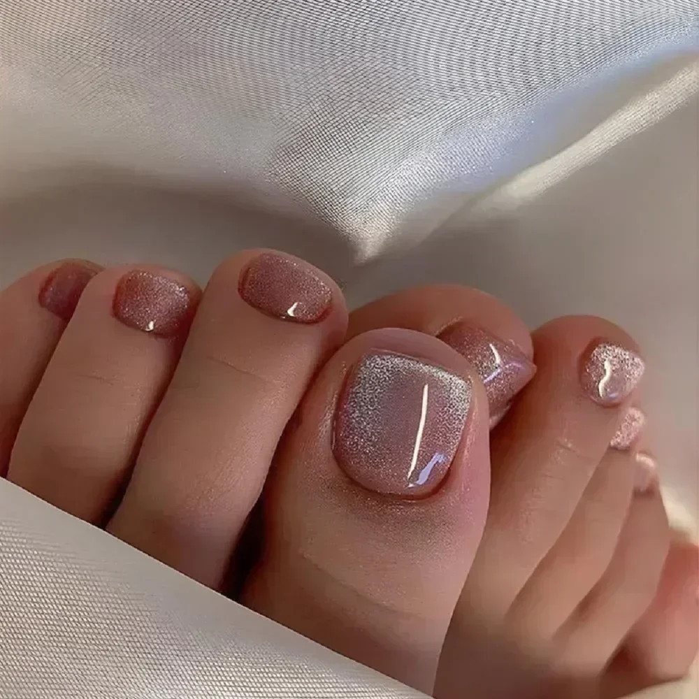 24pcs French Toe Nails:Glitter Diamond Short Press on Toenails