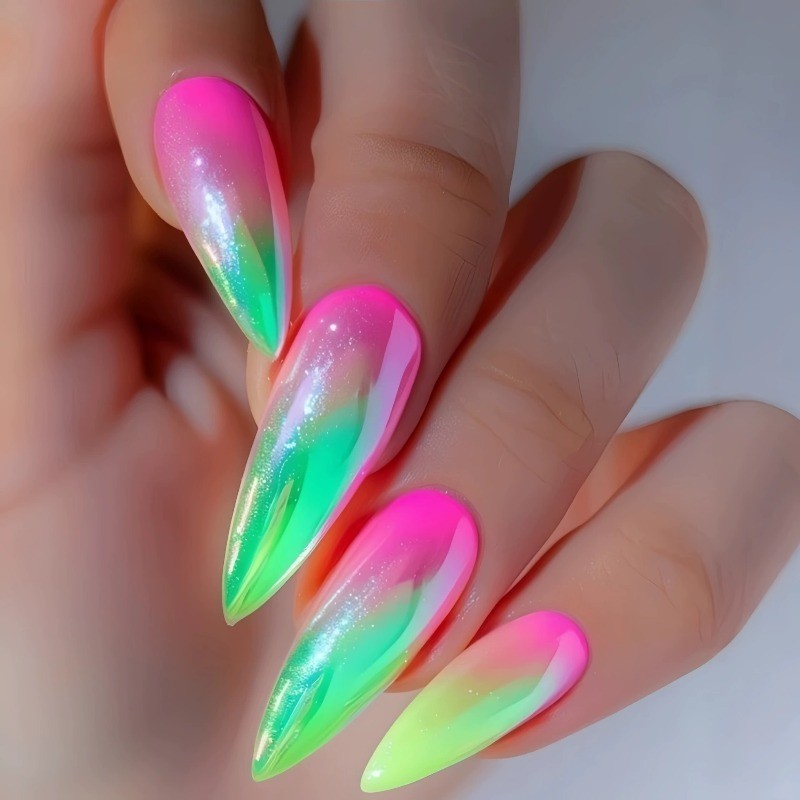 96PCS Neon Gradient Reusable Pink, Black, Purple Flashing Fake Nails