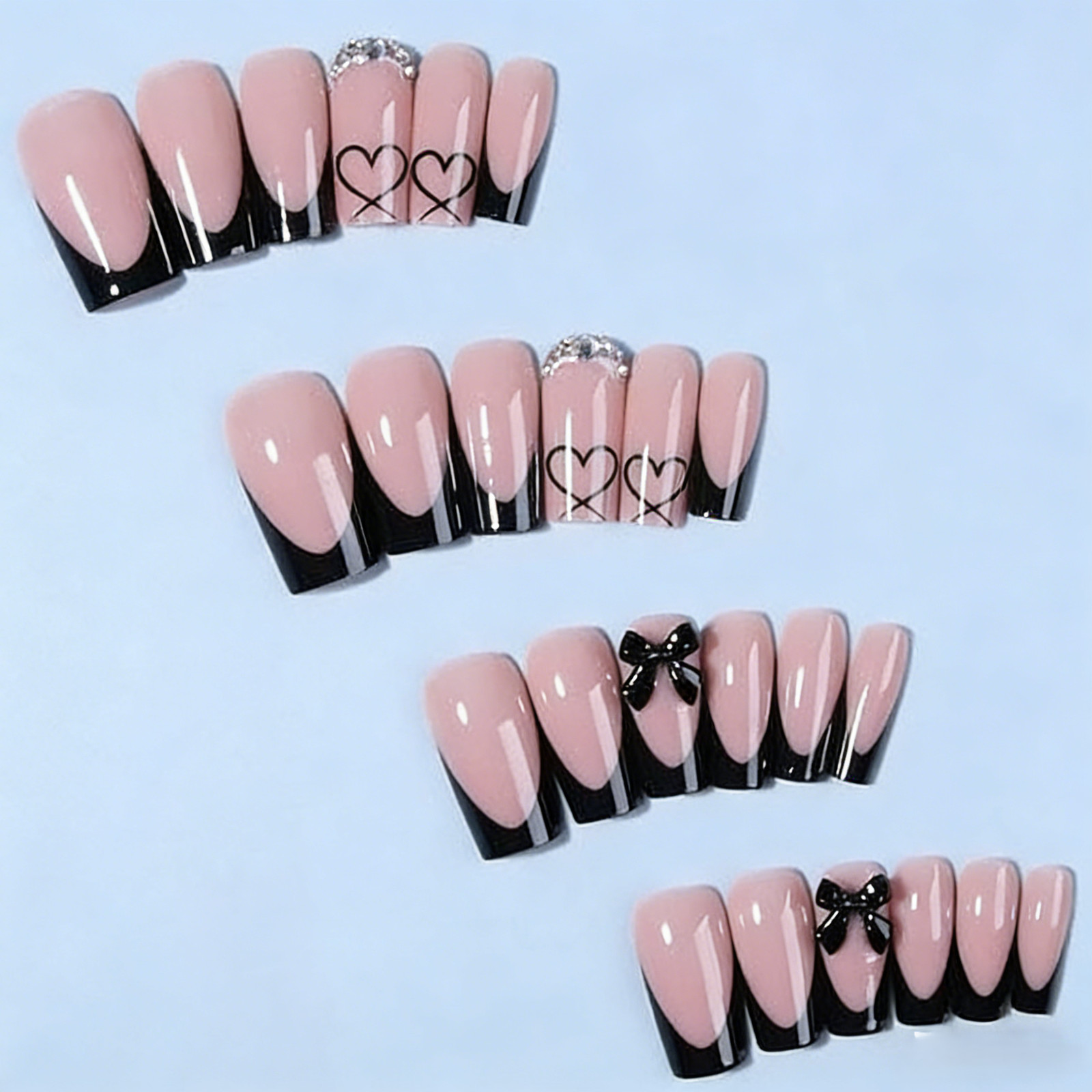 Square Black French Tip Press On Nails |Bow Heart Rhinestone Elegant False Nails
