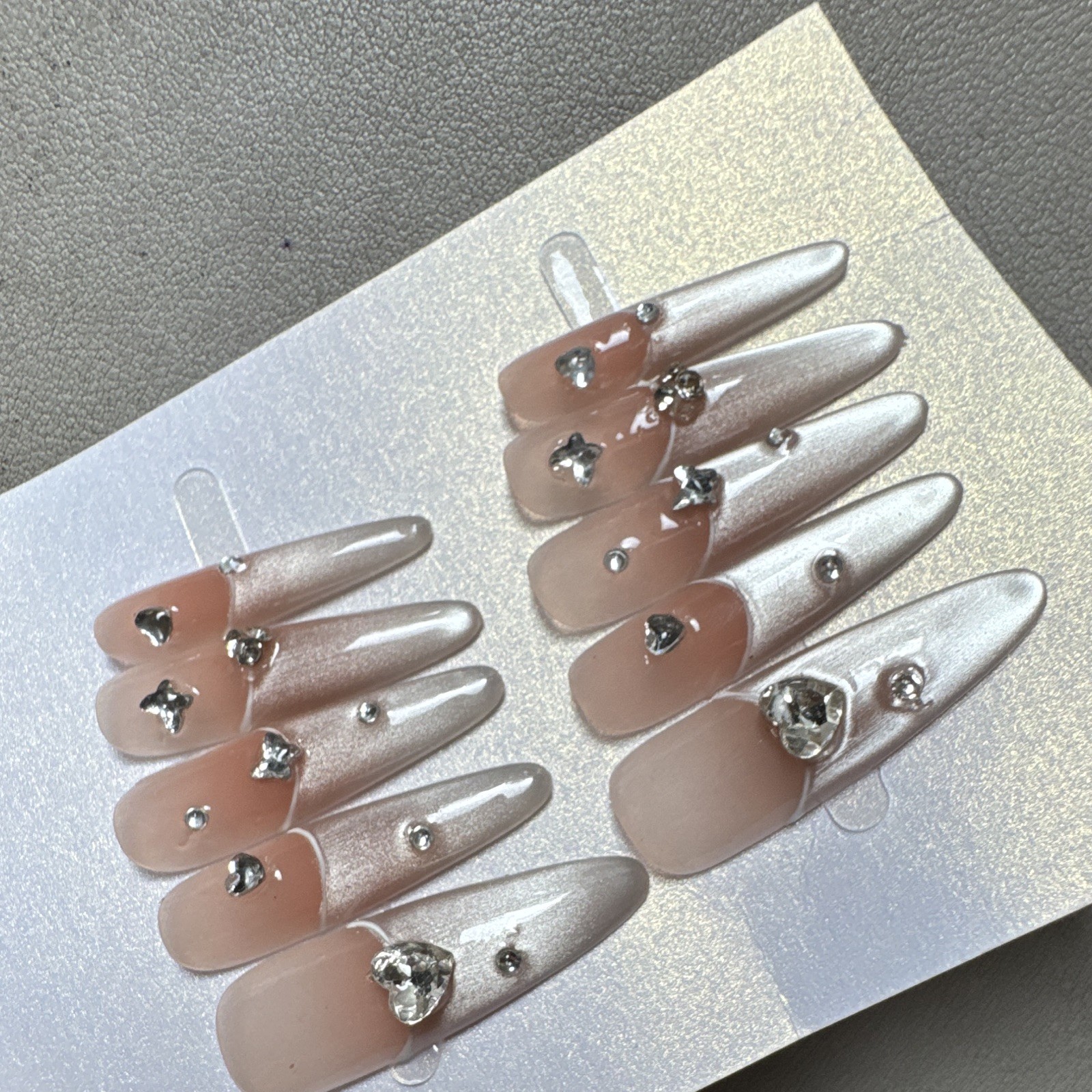 Press-On Nails Long Stiletto Beige/Silver Rhinestone Shiny Pre-Designed