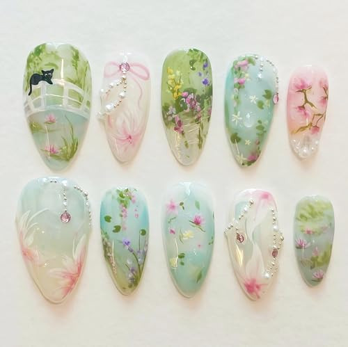 24Pcs Flower Press on Nails Medium Almond Fake Nails Colorful Spring Summer