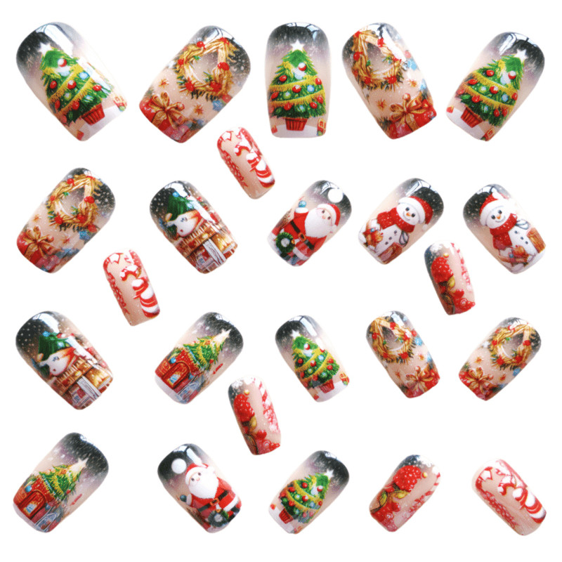 48P Long Coffin Press on Nails, Santa Snowman Tree Painted Holiday Fake Nails