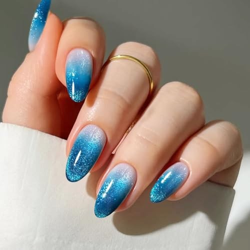 Gel Nail Stickers Semi Cured Gel Nail Strips Wraps Blue Gradient Cat Eye