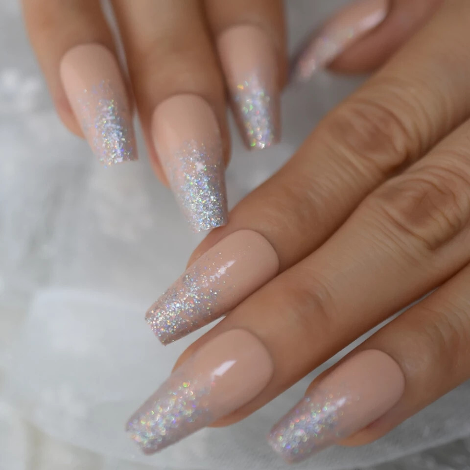24 Press on nails kit w glue Long peach ombre glitter pale nude