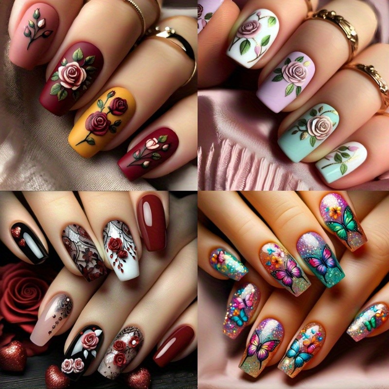 96PCS(4Pack) Rose Floral Press-On Nails Elegant Romantic Wearable Nails Art