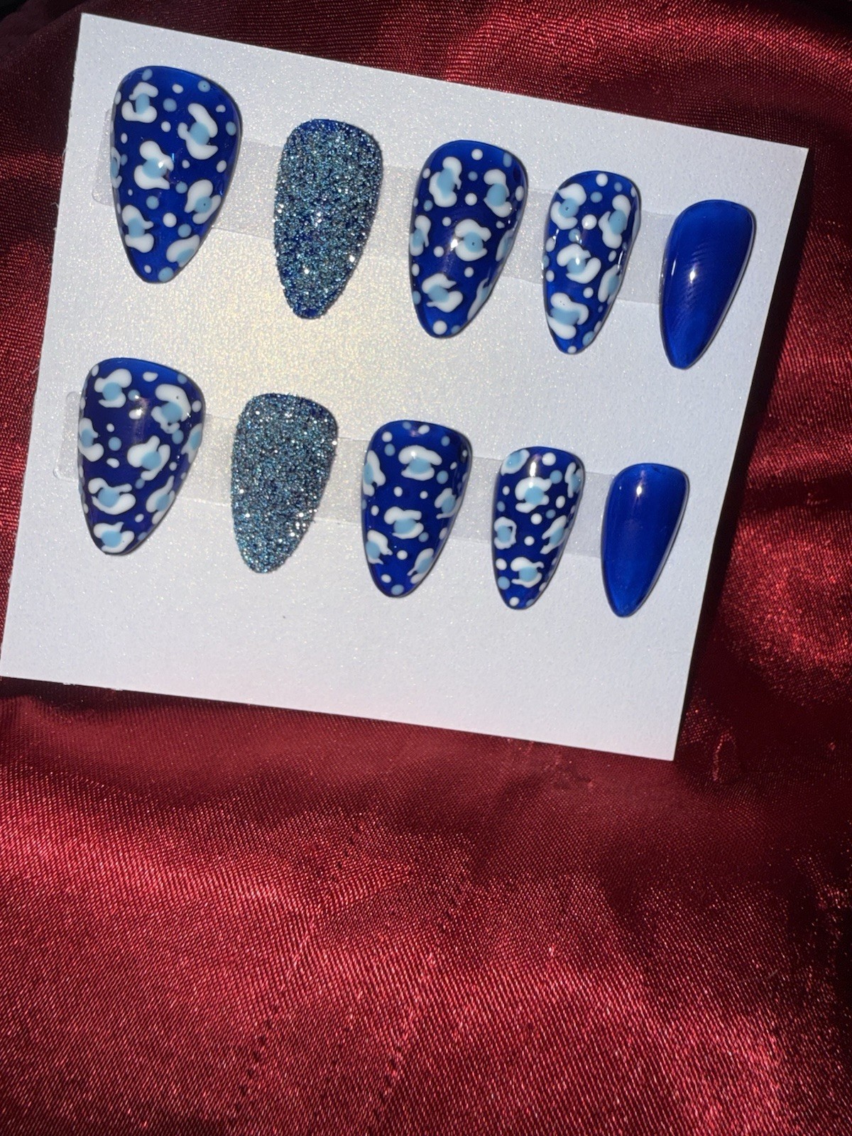Long Almond Full Cover Artificial Nails Blue White Silver Floral Glitter