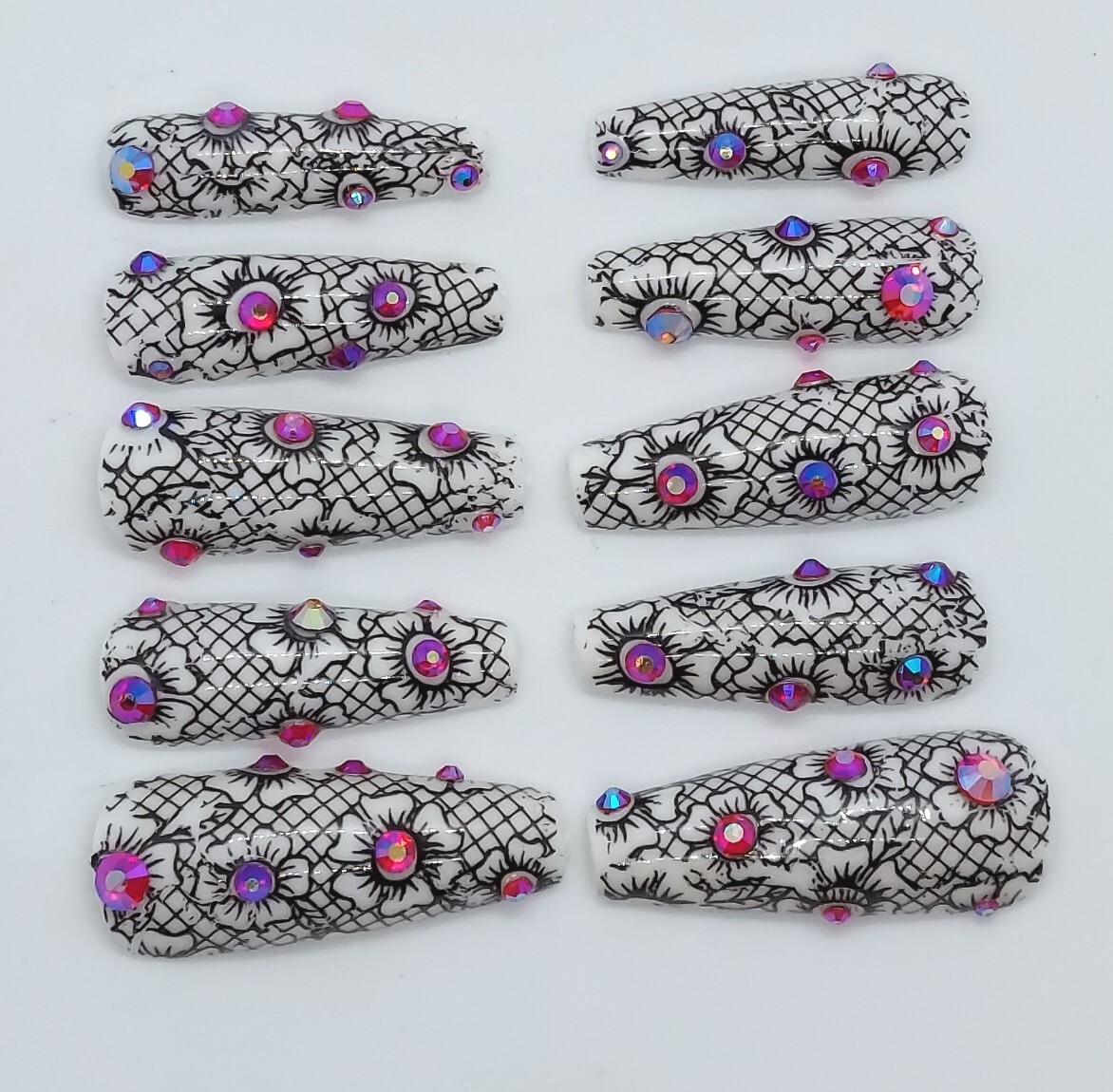 Black and White Floral Lace Rhinestones Long Press