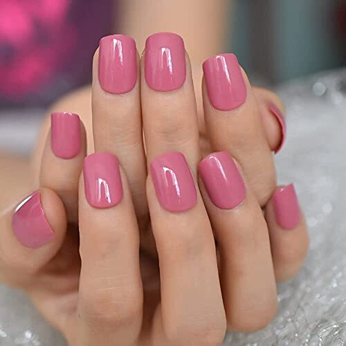 Reuseable Shiny Press on Fake Nails Dark Pink Square Short Gel Cover L5659