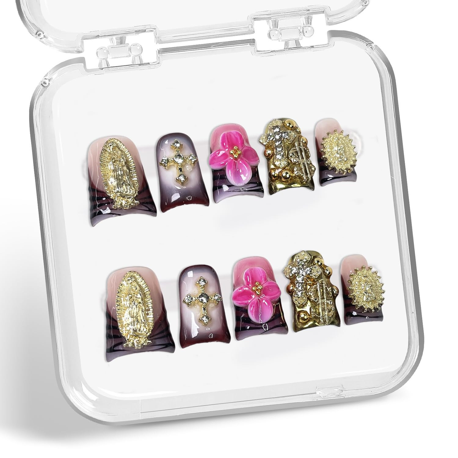 Luxury Handmade Press on Nails 3D Unique Flower Fake Nails Pink French Tip False
