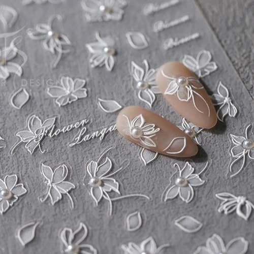 5D Embossed White Flower Nail Art Stickers Pearl Flower Nails Stickers Style-14