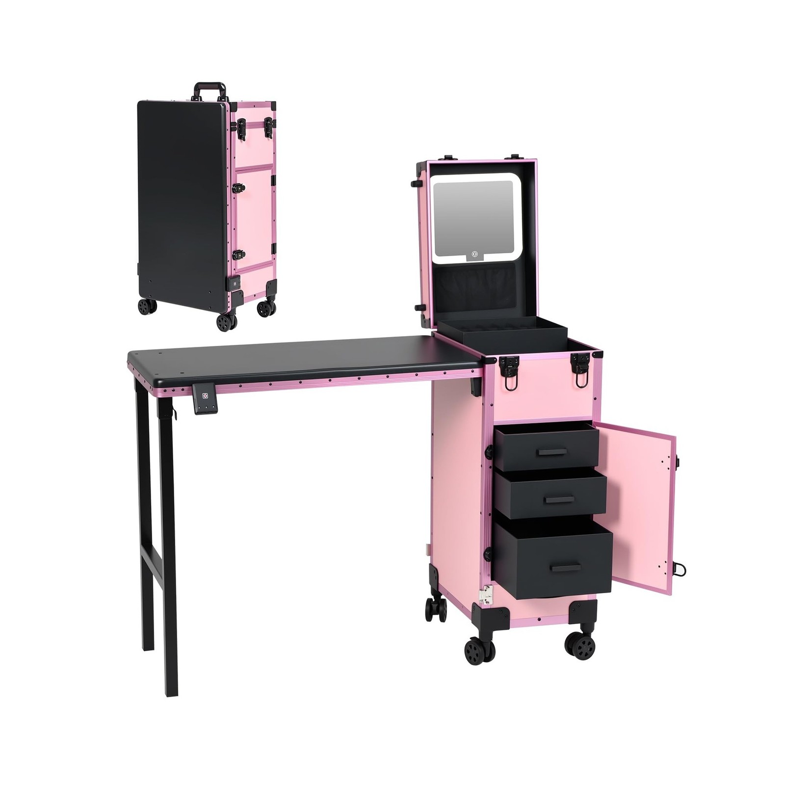 Rolling Portable Manicure Table with 3 Drawers, Lockable Makeup Train Case wi…