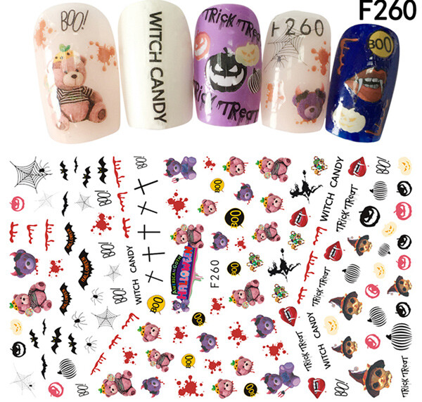 Nail Art Halloween Stickers Water Decals Snakes Goth Skull Pumpkin Scary Bats