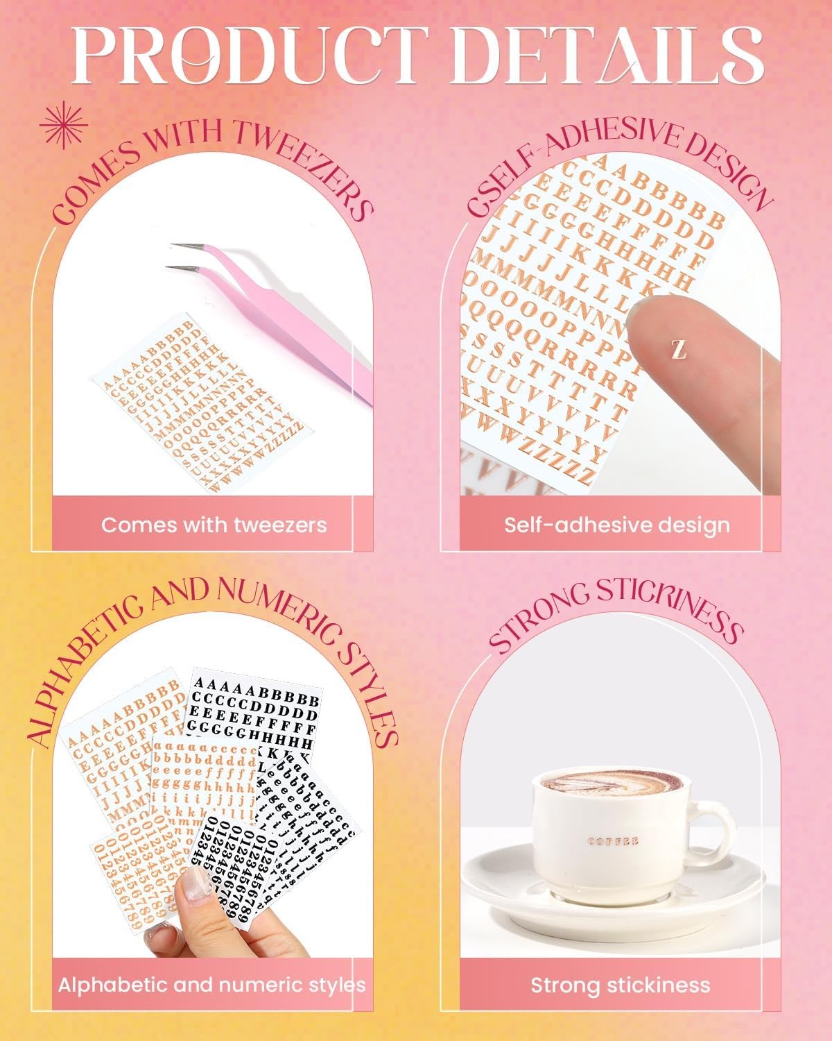 6 Sheets 0.11inch Tiny Letter Stickers Self 0.12inch/3mm, Rose Gold/Black