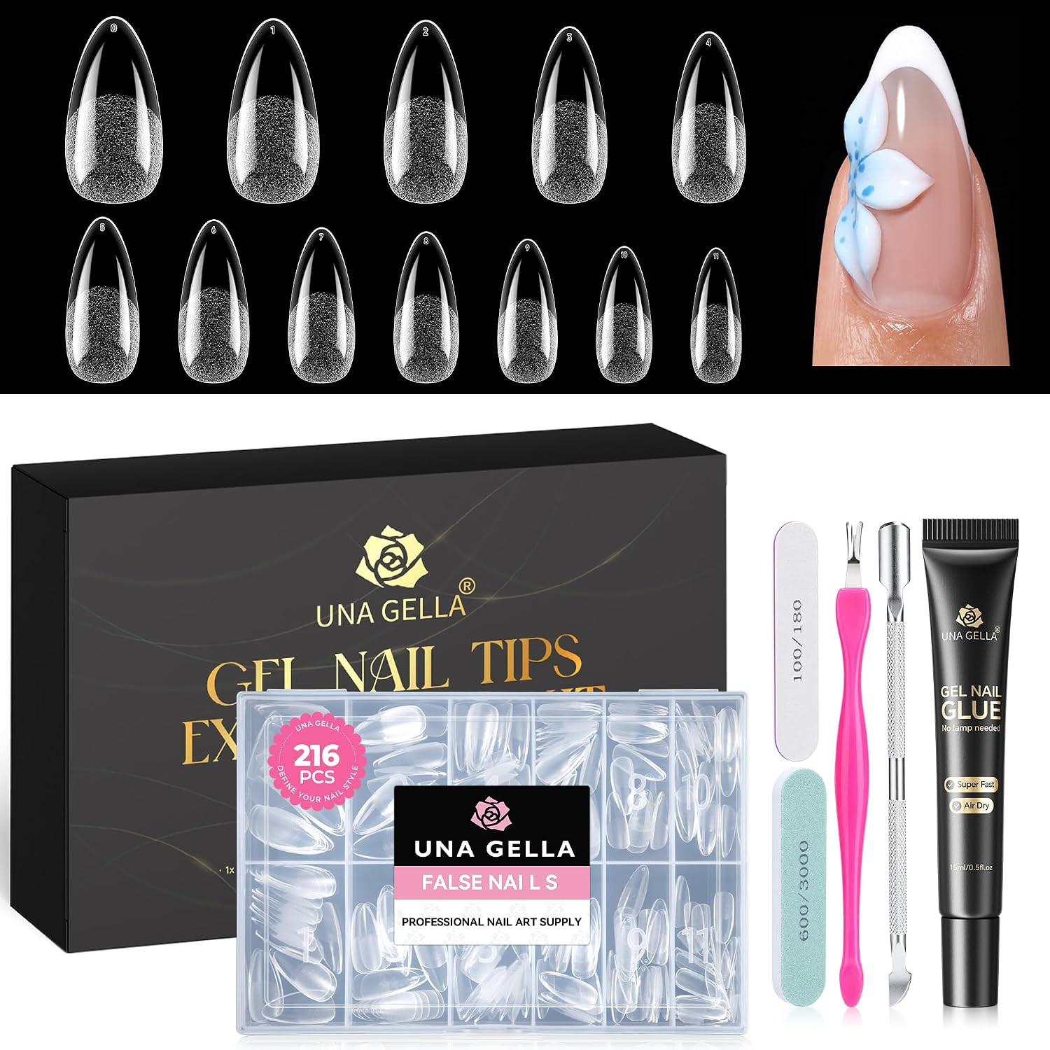 Medium Almond Gel Nail Tips and Glue Kit, 216Pcs Pre-Buffed Soft Gel Fake Nails