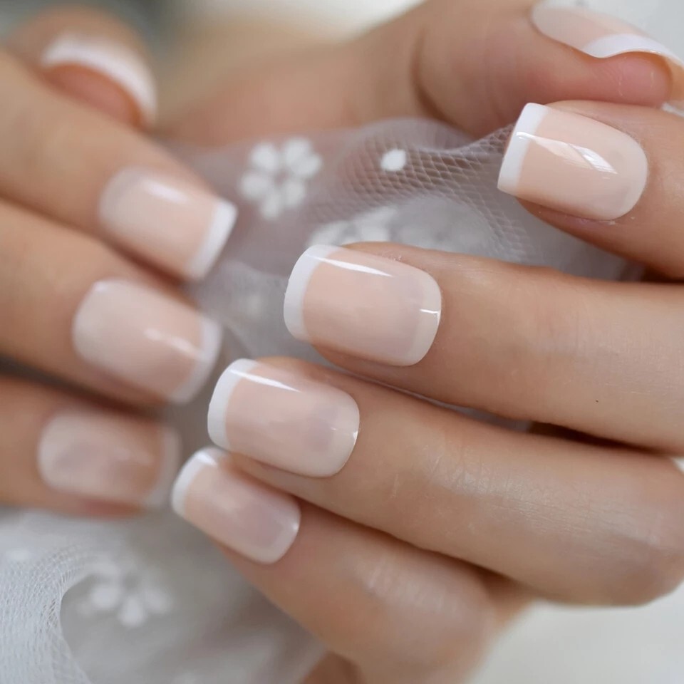 24 Short French mani White tip Press on nails set with glue fun baby boomer natu