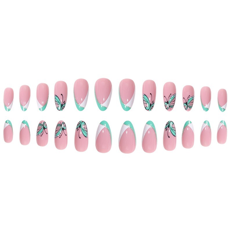 Butterfly Print French Ballerina Press On Nails 24 Pcs, Natural Salon Look